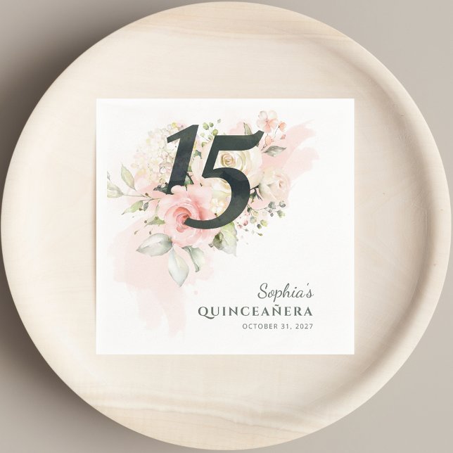 Serviette En Papier Quinceanera Rose Floral Rustique 15ème anniversair (Quinceanera Pink Floral Rustic 15th Birthday Party Napkins)