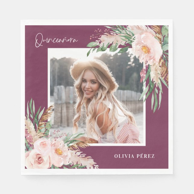 Serviette En Papier Quinceañera violet poupée florale photo anniversai (Devant)