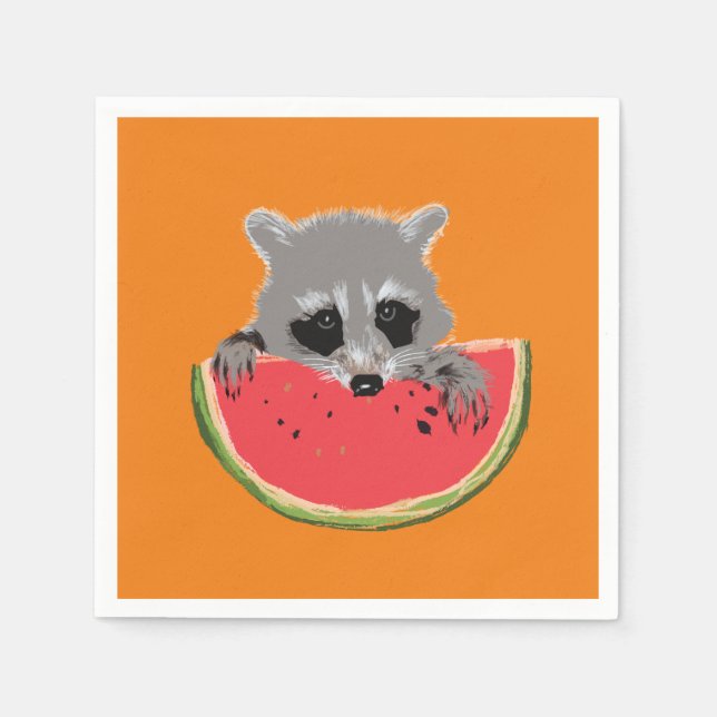 Serviette En Papier Raccoon mangeant de la pastèque (Devant)