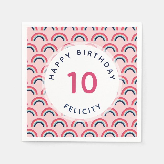 Serviette En Papier Rainbow Party Nom personnalisé Age rose bleu (Devant)