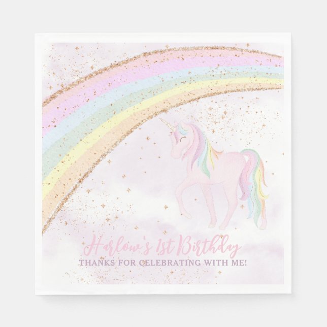 Serviette En Papier Rainbow Unicorn 1er Anniversaire filles Pastel (Devant)