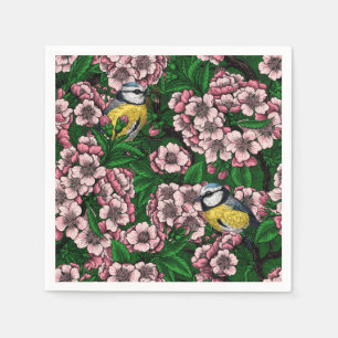 Serviette En Papier Rameaux bleus dans le cerisier en fleurs en vert