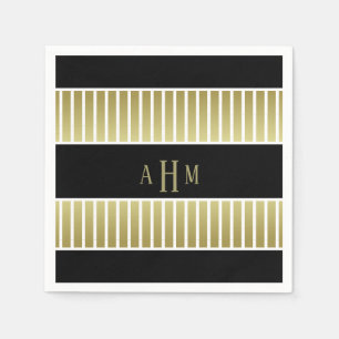 Serviette En Papier Rayure blanche de monogramme d'or noir