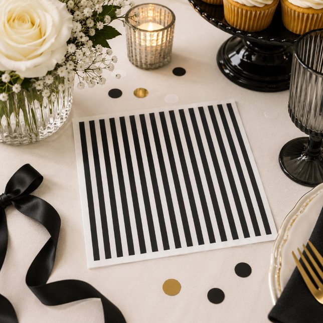 Serviette En Papier Rayure noir et blanc (Modern Black and white stripe napkin, old money theme party decoration)