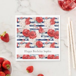 Serviette En Papier Rayures bleues Floral Rouge Blanc Anniversaire