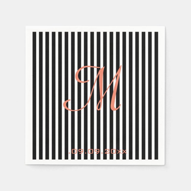 Serviette En Papier Rayures Monogramme Fête Noir et Blanc (Devant)