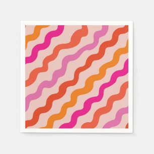 Serviette En Papier Rayures Rétro Vagues Abstraites Rose Rouge Orange