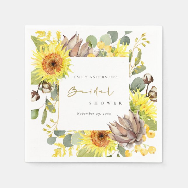 SERVIETTE EN PAPIER RECEPTION DE MARIAGE FLEURALE TOURNESOL EUCALYPTUS (Devant)