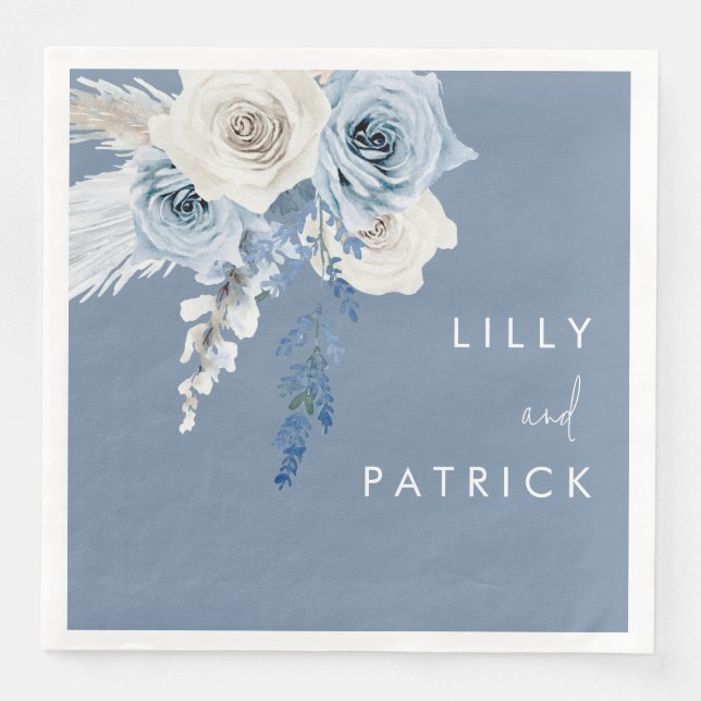 Serviette En Papier Réception de mariage florale bleu poussiéreux et b (Devant)