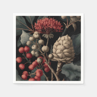 Serviette En Papier Red Berries and Exotic Seed Pods on Black