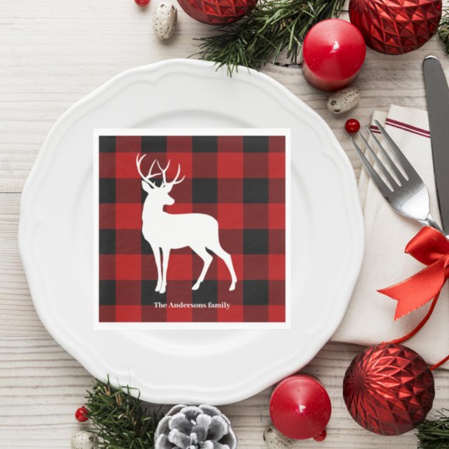 Serviette En Papier Red Buffalo Plaid & White Deer | Nom personnel (Créateur téléchargé)