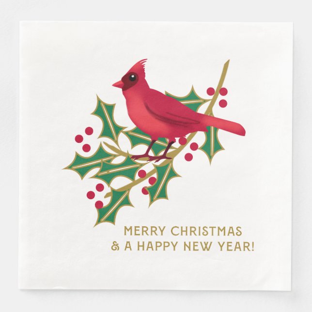 Serviette En Papier Red Cardinal Holly Branch Joyeux Noël (Devant)