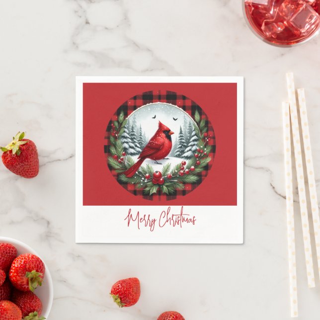 Serviette En Papier Red Cardinal with Holly Berries (En situation)