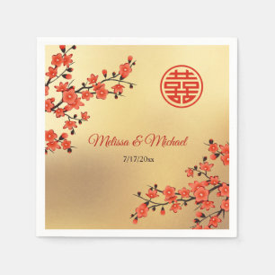 Serviette En Papier Red Cherry Blossoms Gold Mariage chinois personnal