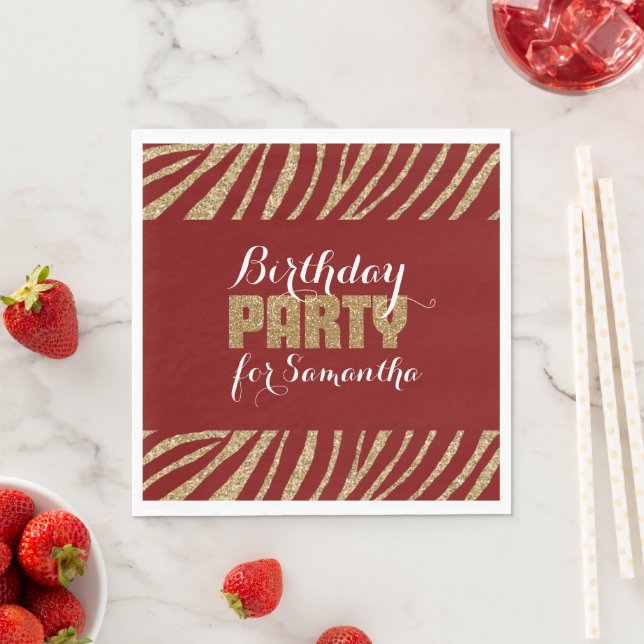 Serviette En Papier Red Gold Zebra Print Faux Parties scintillant Anni (En situation)