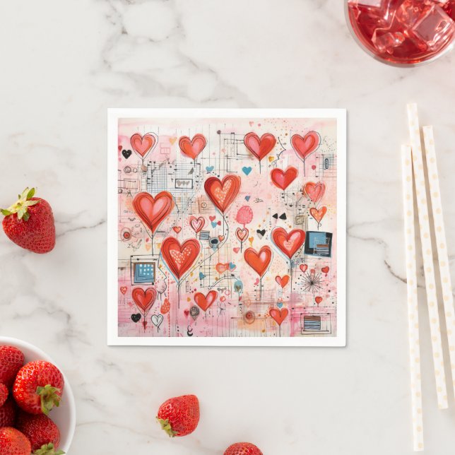 Serviette En Papier Red Hearts Whimsical Love Motif (En situation)