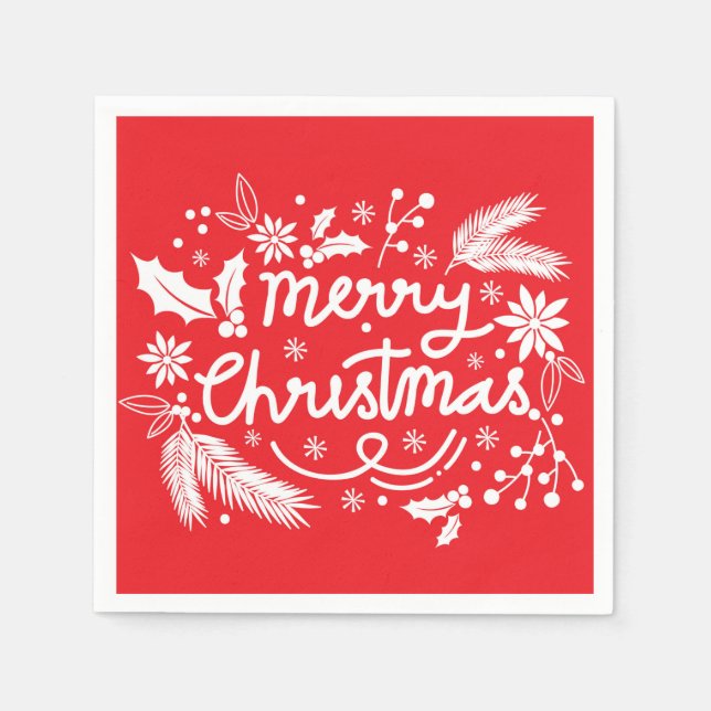 Serviette En Papier Red Joyeux Noël Festif Fête Blanc Floral (Devant)