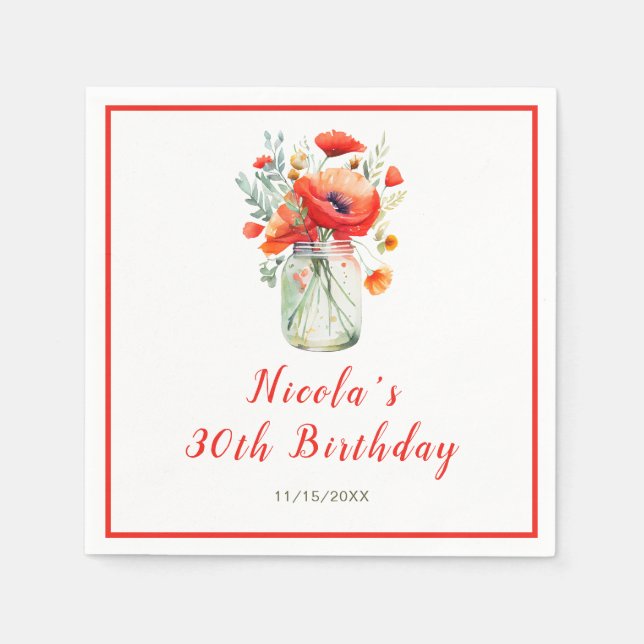 Serviette En Papier Red Poppies Mason Jar Anniversaire (Devant)