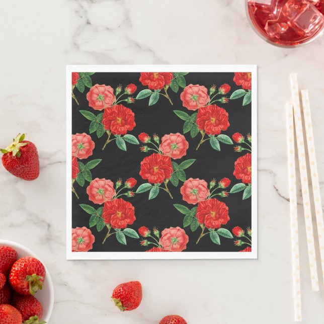 Serviette En Papier Red Roses, Black Background, (En situation)