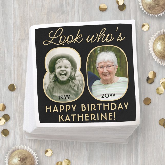 Serviette En Papier Regardez qui est 80 Black & Gold Joyeux Anniversai (Créateur téléchargé)