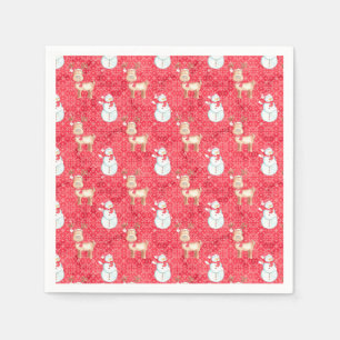 Serviette En Papier Reinder Et Snowman De Noël - Rouge