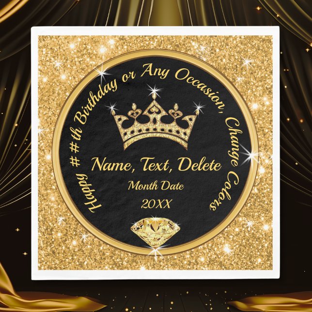 Serviette En Papier REINE Anniversaire à thème, Personnalisé, Couronne (QUEEN Themed Birthday Party. Black and Gold Birthday Napkins. 50th Birthday Napkins. 80th Birthday.)