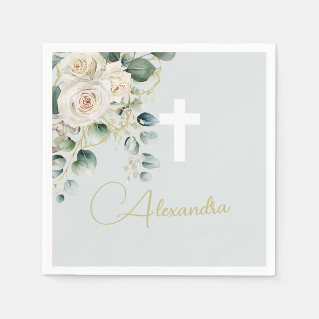 Serviette En Papier Religieux Elegant Rose Green Wash Cross (Devant)