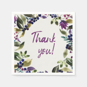 Serviette En Papier Remerciements!   Fleurs et baies d'aquarelle