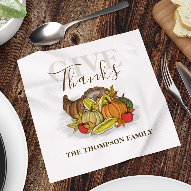Serviette En Papier Remerciements Simple Cornucopia Élégant Donner (Give Thanks Cornucopia Thanksgiving Holiday custom paper napkin. )