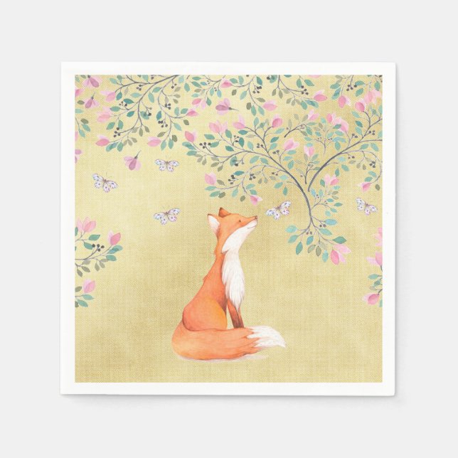 Serviette En Papier Renard avec papillons et fleurs roses (Devant)