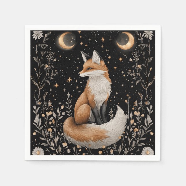 Serviette En Papier Renard céleste mystique et fleurs (Devant)