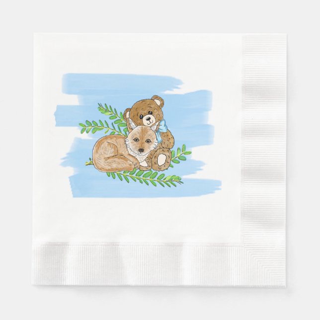 Serviette En Papier Renard et ours en peluche Baby shower du garçon (Devant)