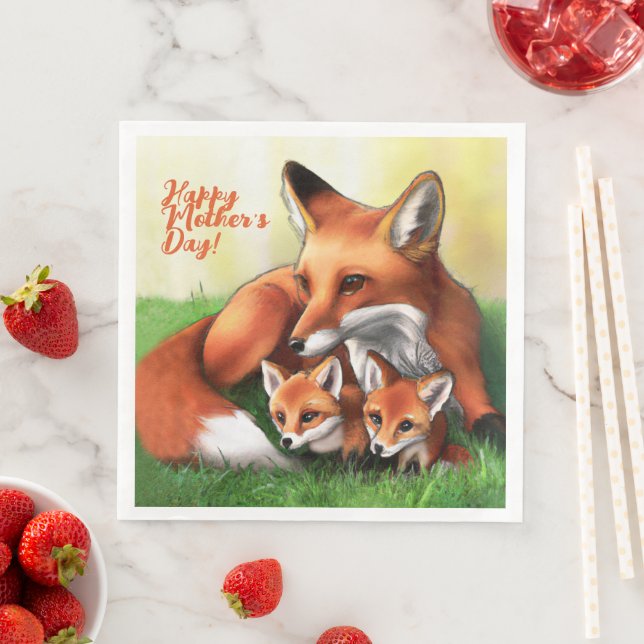 Serviette En Papier Renard rouge Mère et Kits dans l'herbe (En situation)