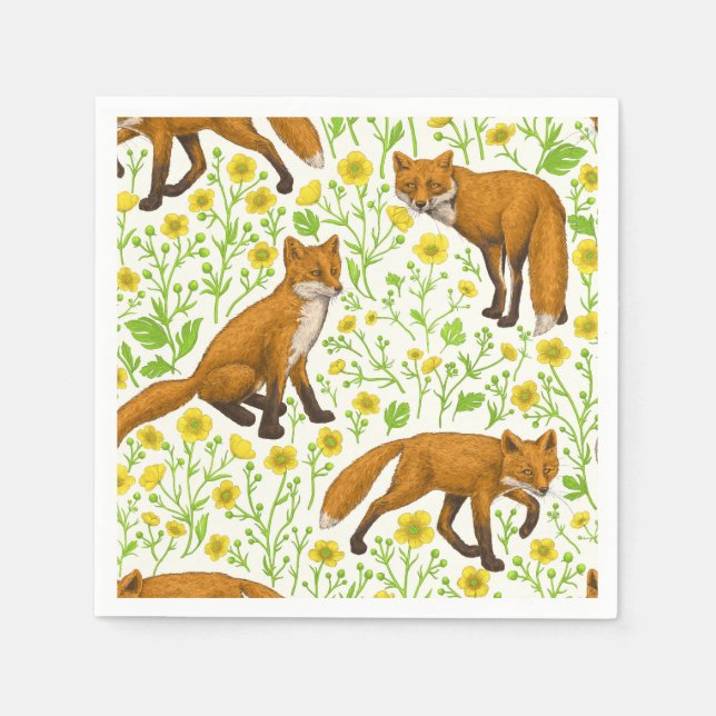 Serviette En Papier Renards et papillons sur le blanc naturel (Devant)