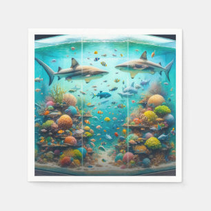 Serviette En Papier Requins & Poissons Aquatique Aquarelle Aquarium Ma