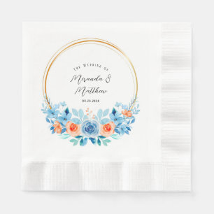 Serviette En Papier Ressort Aquarelle Bleu Orange Florals Mariage Or