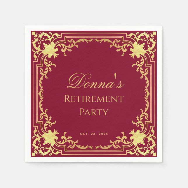 Serviette En Papier Retirement Party Burgundy Faux Gold Elegant Script (Devant)