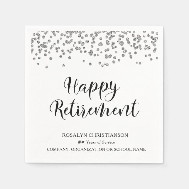 Serviette En Papier RETRAITE Script manuscrit Argent Nom Confetti (Devant)