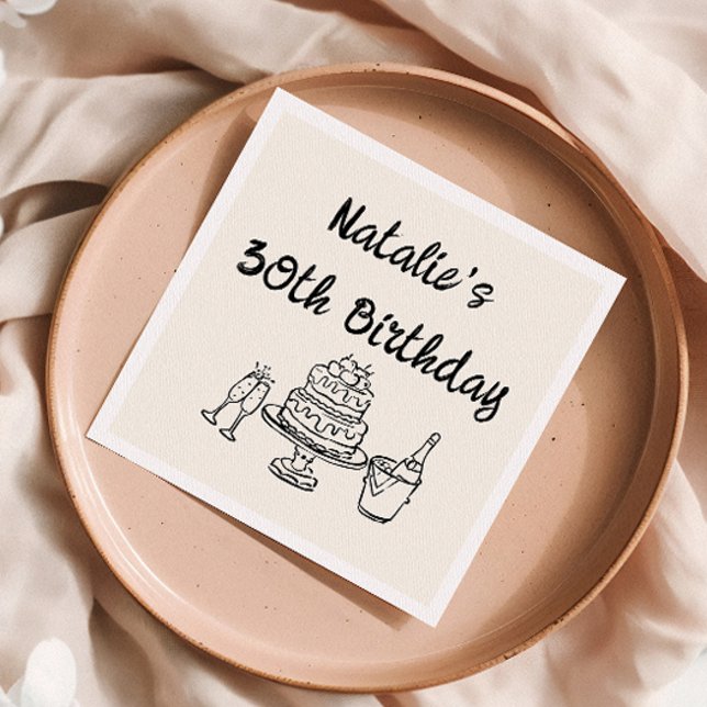 Serviette En Papier Rétro 30e Main Drawn Cake Champagne Amusants Anniv (Créateur téléchargé)