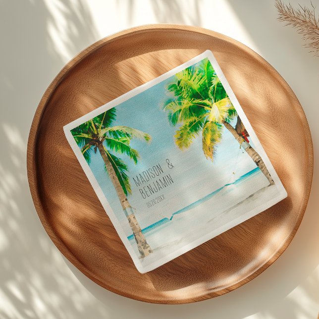 Serviette En Papier Retro Blue Ocean Beach Palm Trees Mariage tropical (Créateur téléchargé)