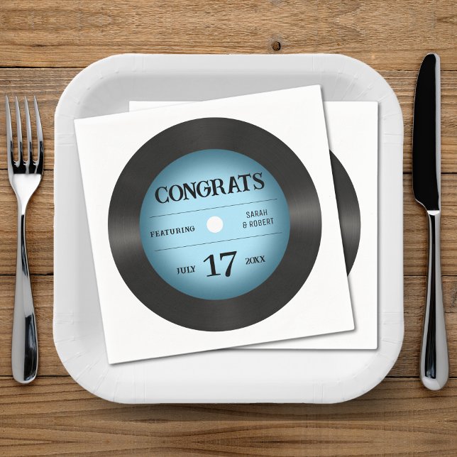 Serviette En Papier Retro Blue Vinyl Record Mariage félicitations (Retro Blue Vinyl Record Wedding Congratulations Napkins
)