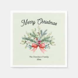 Serviette En Papier Retro Calligraphie Joyeux Noël Famille Verdure