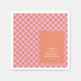 Serviette En Papier Retro Checkerboard rose Orange Personnalisé Annive