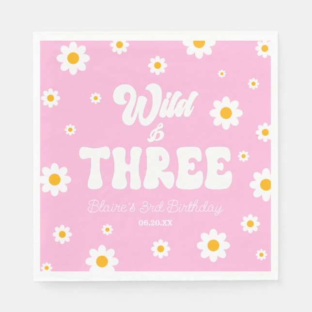 Serviette En Papier Retro Daisy Flower Wild & Trois 3e fête d'annivers (Devant)