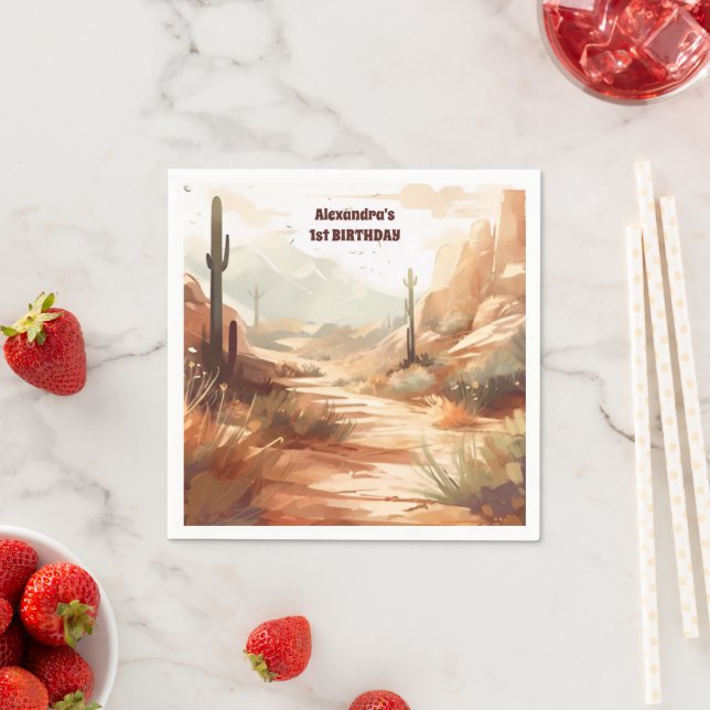 Serviette En Papier Retro Desert Cactus 1er anniversaire (En situation)