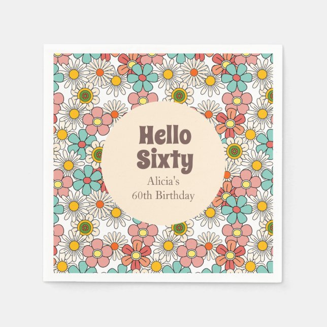 Serviette En Papier Retro Hippie Super Fleur Bonjour Soixante Annivers (Devant)