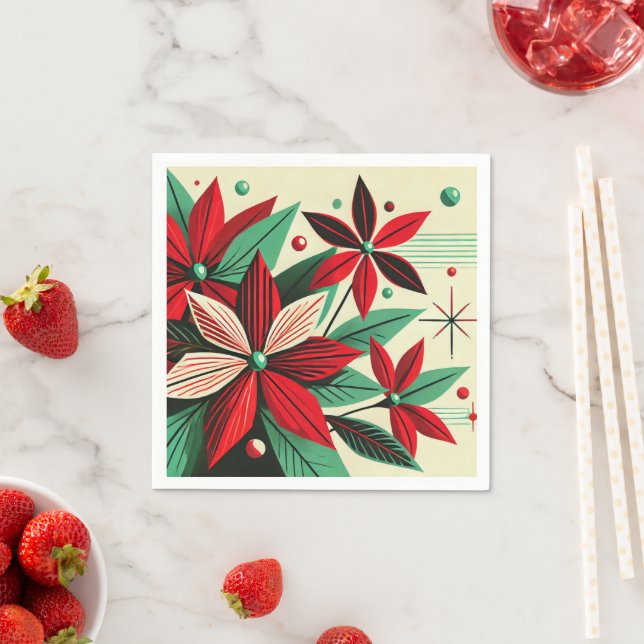 Serviette En Papier Retro Holiday Poinsettia Mid Century Découpage (En situation)