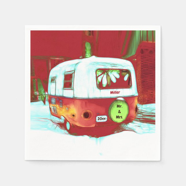 Serviette En Papier Retro M. Et Mme Christmas Red Green Camper (Devant)