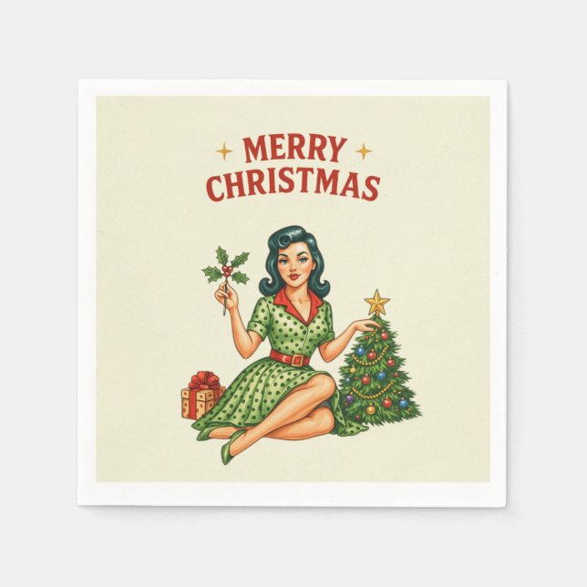 Serviette En Papier Retro Merry Christmas Pin-Up Paper Napkin  (Devant)