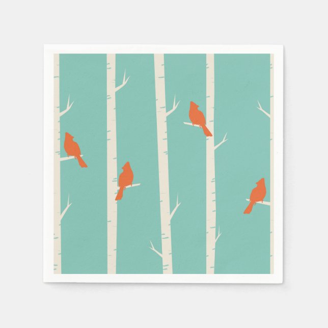 Serviette En Papier Rétro Orange Birds on Birch Trees (Devant)